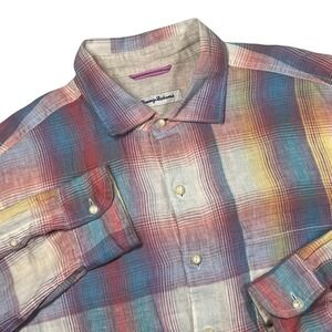 Tommy Bahama Linen Shirt Mens Medium Multi Color Plaid Long Sleeve Button Up
